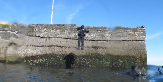 Marbendill köfunarskóli Dry suit námskeið. Kafari stekkur af bryggju ofan í sjó.